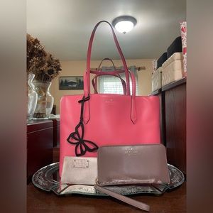 Kate Spade pink leather tote, Staci taupe wallet, rose gold cardholder bundle